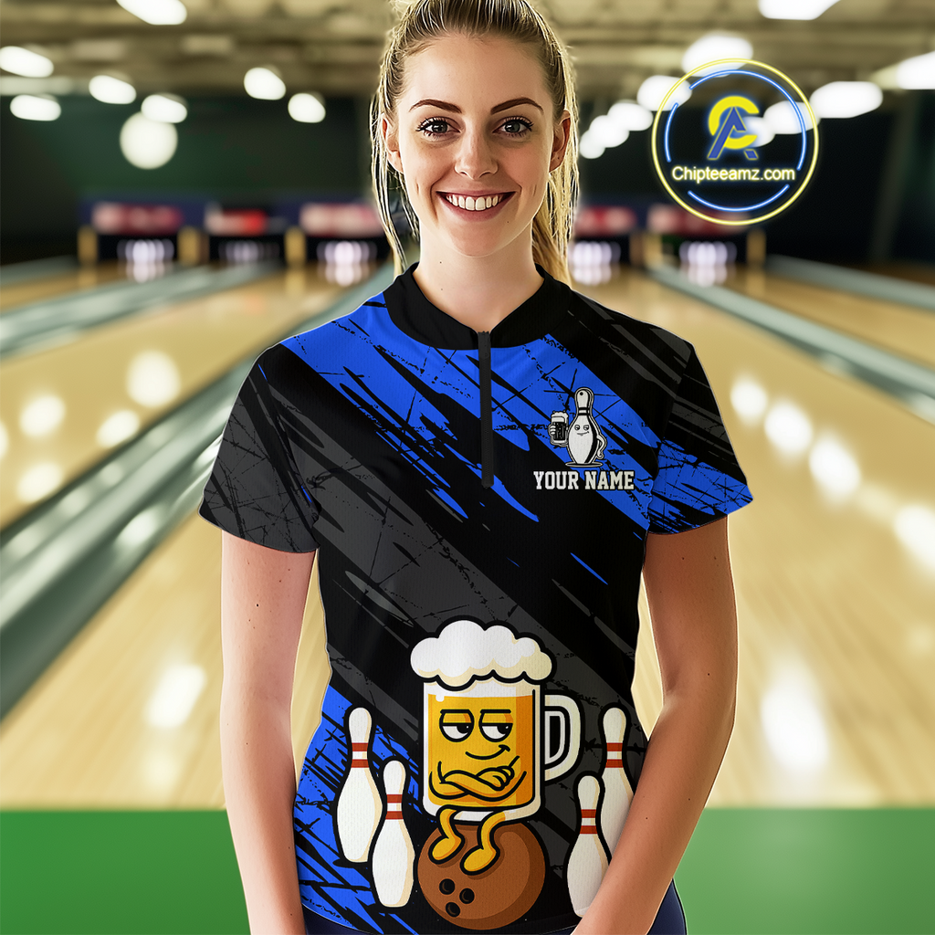 Custom Blue Funny Beer Bowling Jersey Bowling Uniform Polo & 1/4 Zip Bowling Team Shirts