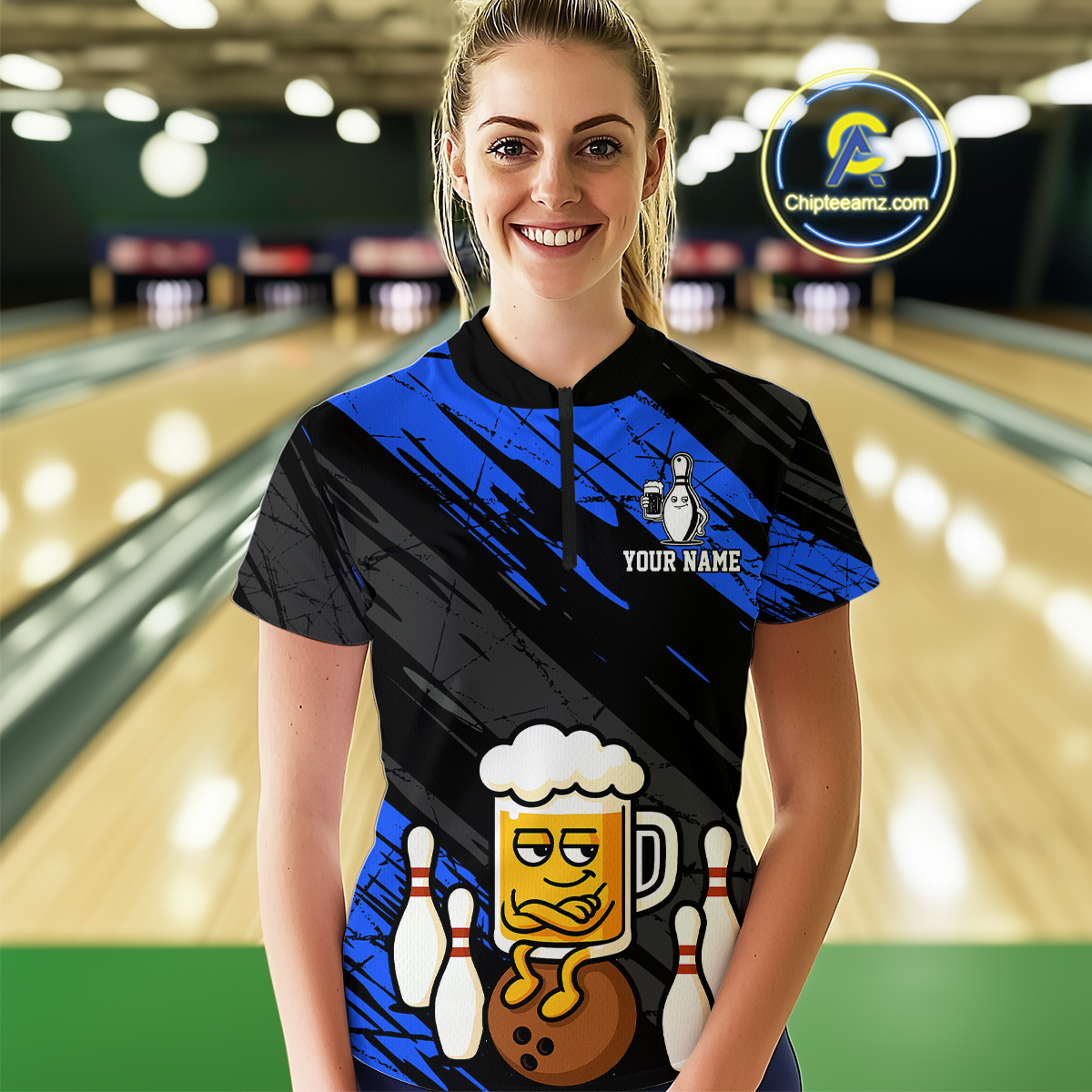 Custom Blue Funny Beer Bowling Jersey Bowling Uniform Polo & 1/4 Zip Bowling Team Shirts