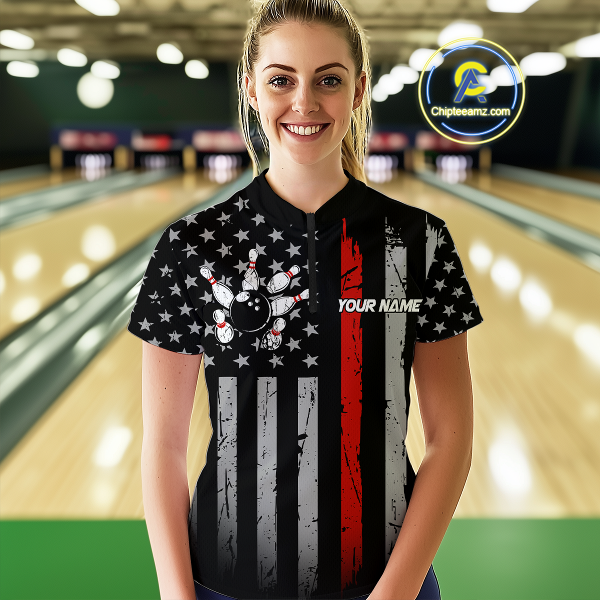 Custom Red US Flag Eagle Bowling Jersey Bowling Uniform Polo & 1/4 Zip Bowling Team Shirts