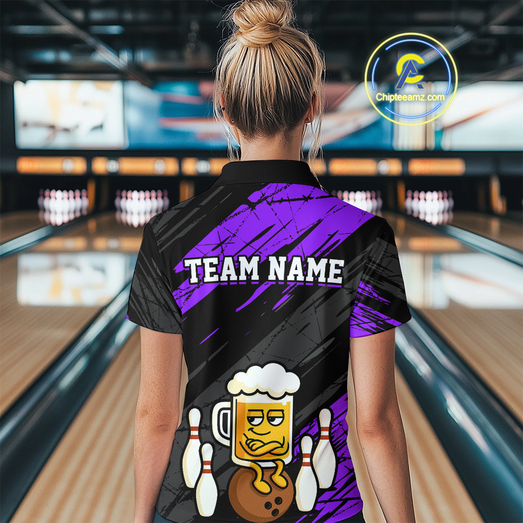 Custom Purple Funny Beer Bowling Jersey Bowling Uniform Polo & 1/4 Zip Bowling Team Shirts