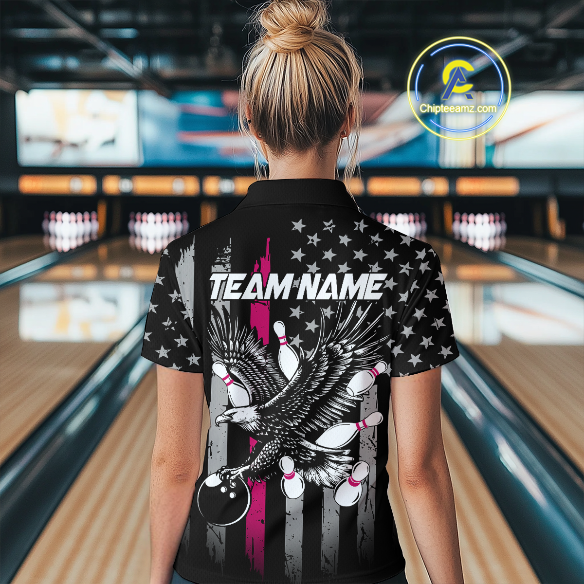Custom Pink US Flag Eagle Bowling Jersey Bowling Uniform Polo & 1/4 Zip Bowling Team Shirts