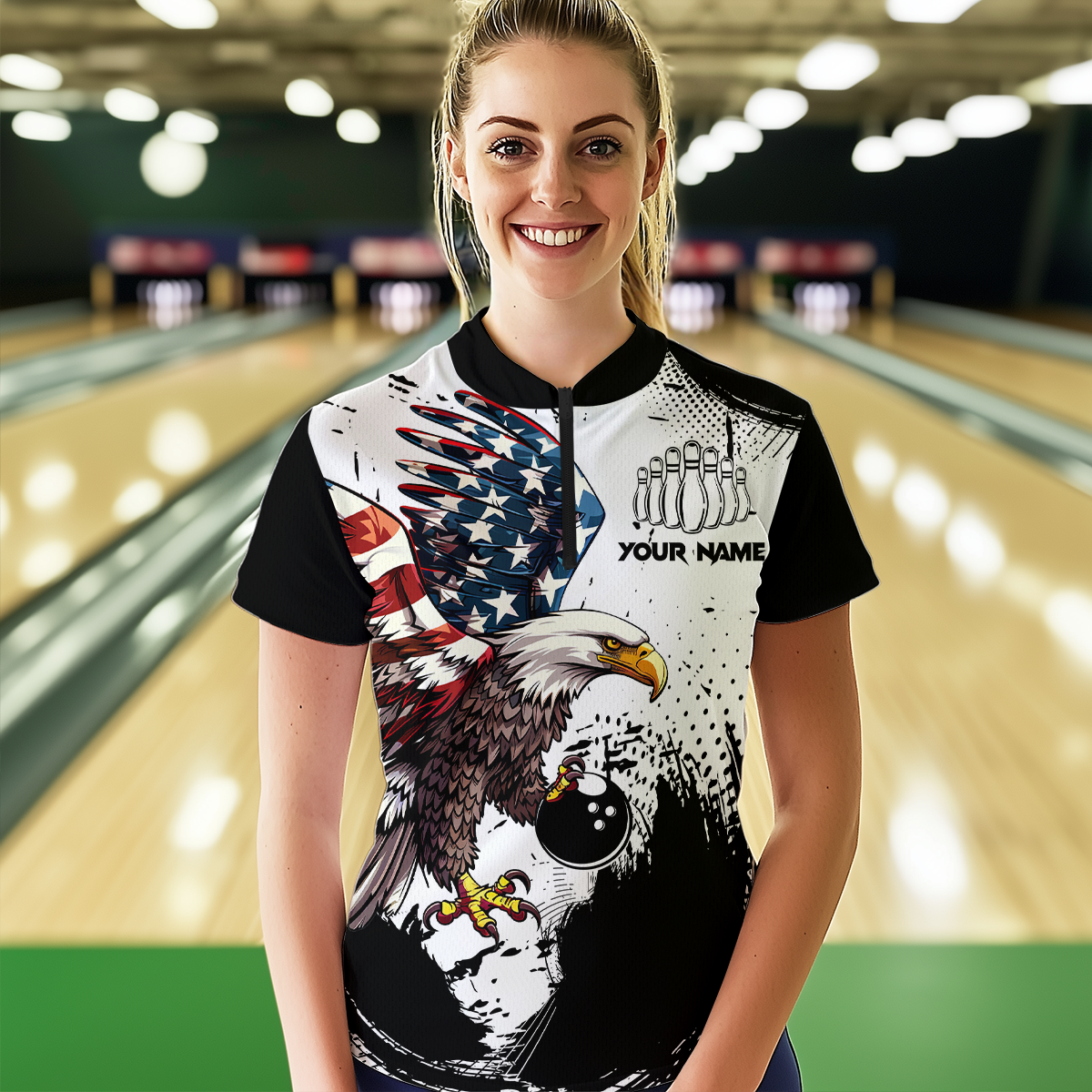 Personalized Eagle Bowling Shirts Patriotic Bowling Jersey 1/4 Zip Shirt