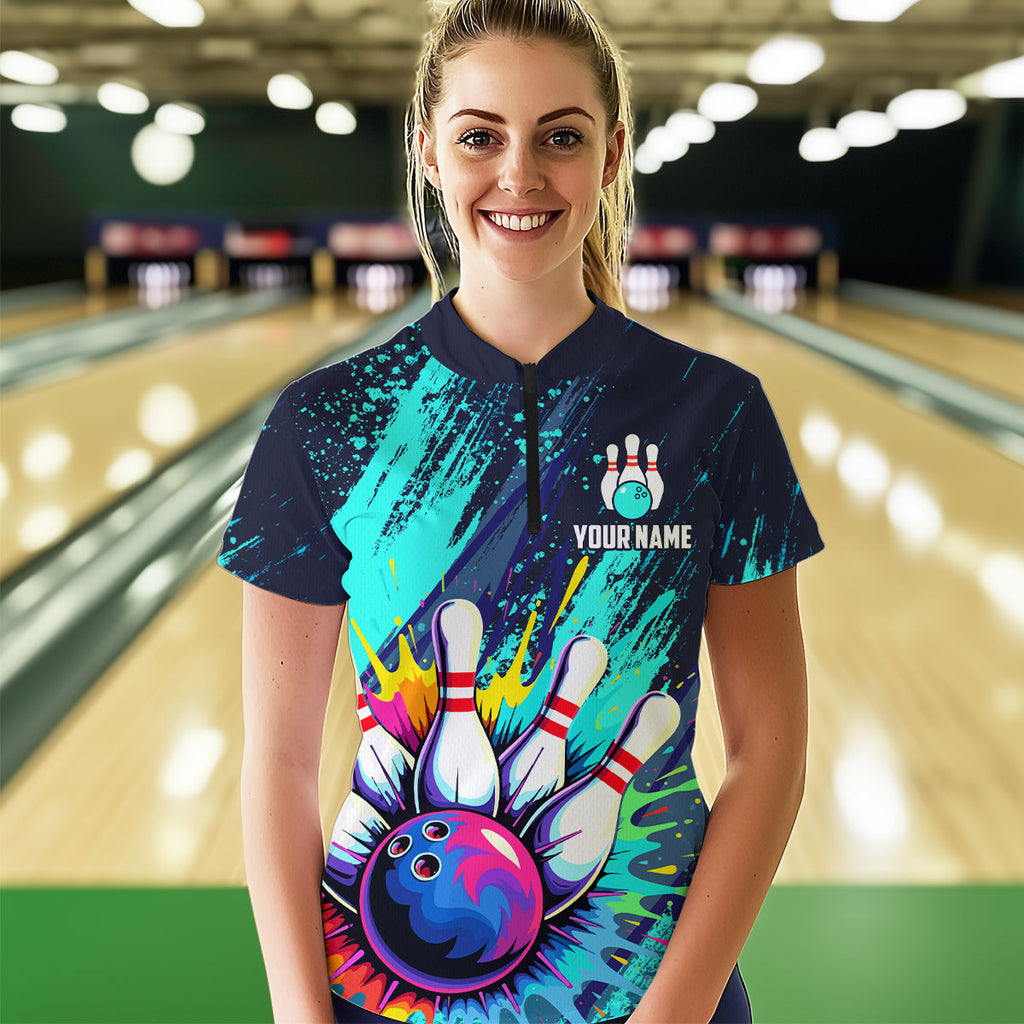 Custom Teal Bowling Shirt Bowling Water Color Bowling Polo & 1/4 Zip Shirts
