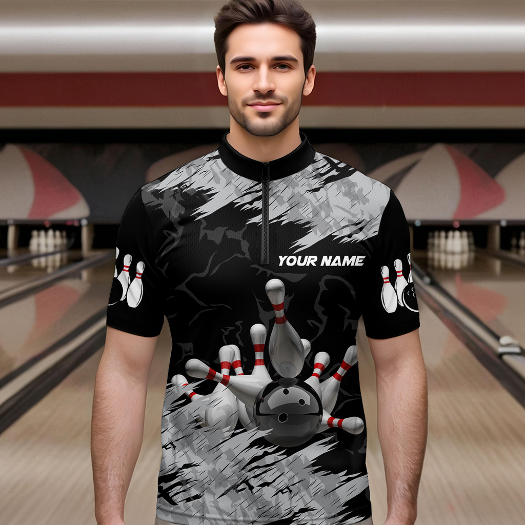 Black Grey Bowling Shirts Custom Bowling Team Jerseys with Name Polo & 1/4 Zip