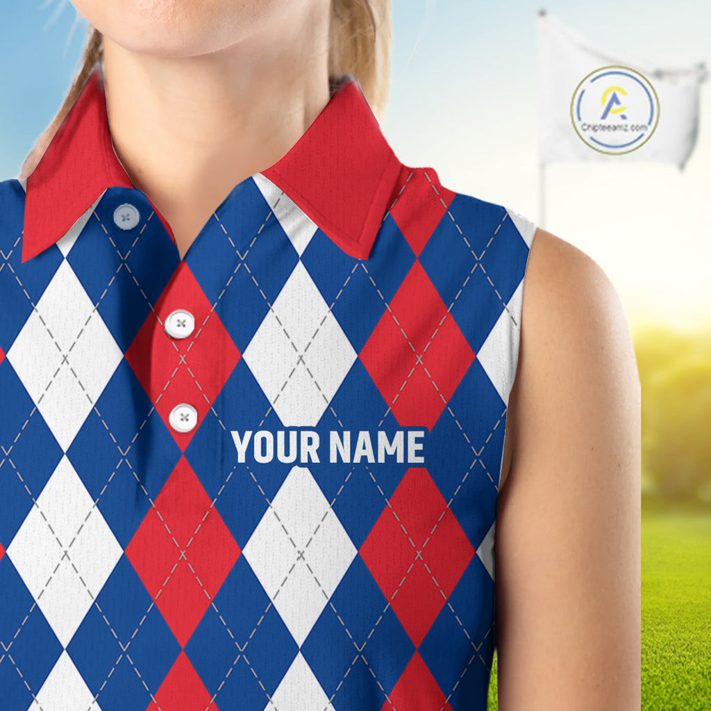 sleeveless polo shirt custom red, white and blue argyle plaid pattern golf attire