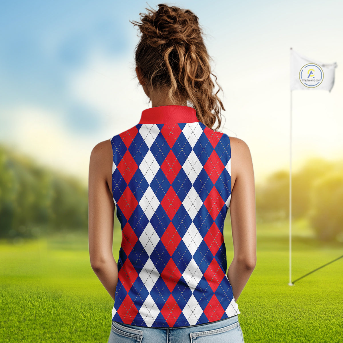 sleeveless polo shirt custom red, white and blue argyle plaid pattern golf attire