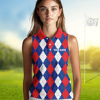 sleeveless polo shirt custom red, white and blue argyle plaid pattern golf attire