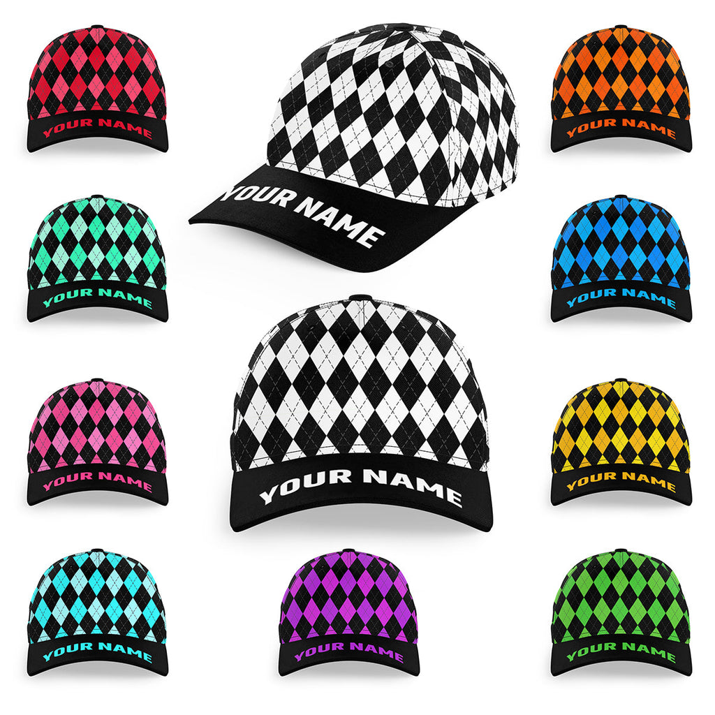 Multicolor argyle pattern custom name golf sun hats, unique golf gifts for golfers