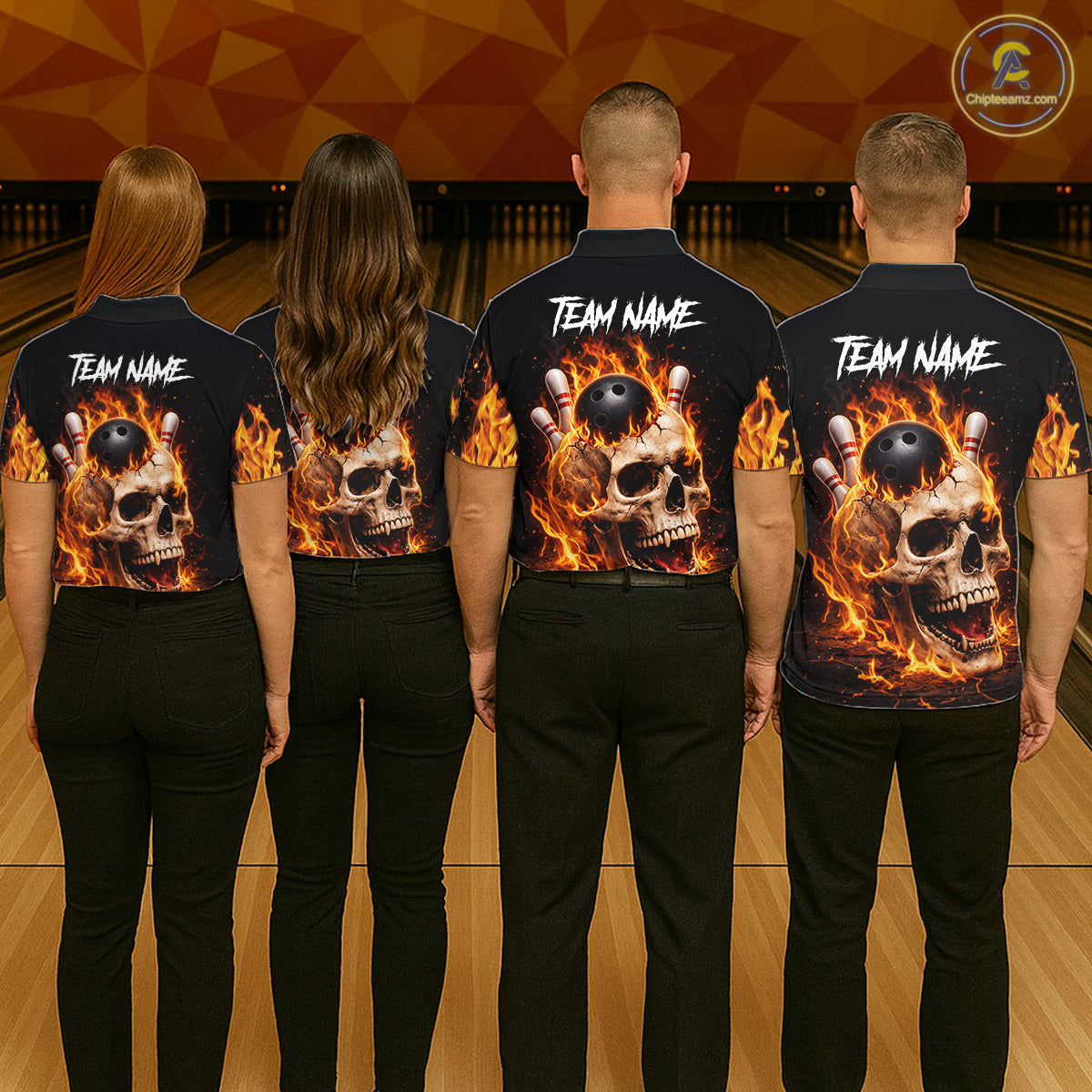 Flame Skull Bowling Polo, 1/4 zip shirts custom Skull team Bowling uniforms league jerseys