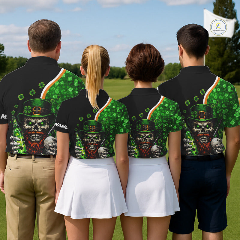 Green shamrock pattern St Patrick Skull Golf and Beer Polo shirts Custom golf tops
