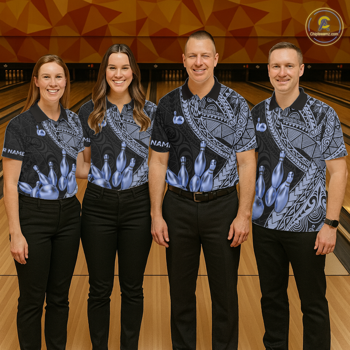 Black and Blue Tribal Pattern Bowling Jersey for Woen Bowling Uniform Bowling Team Shirts