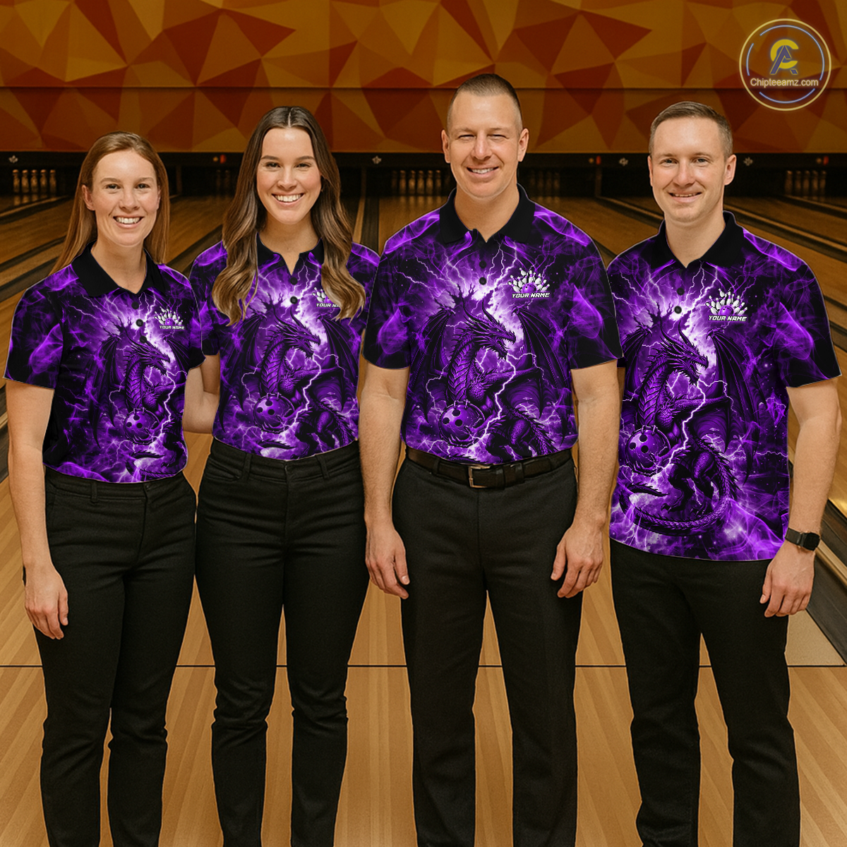 Custom Purple Lightning Dragon Bowling Team Shirts Bowling Jerseys Polo & 1/4 Zip