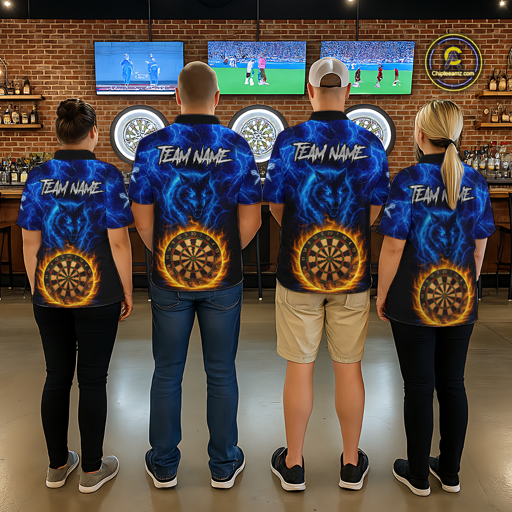 Custom Blue Wolf Flame Darts Shirt Darts Team Jerseys Dartboard Shirt Dart League