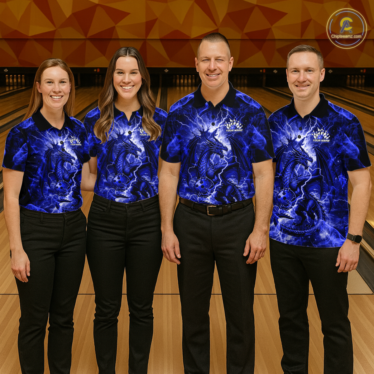 Custom Blue Lightning Dragon Bowling Team Shirts Bowling Jerseys Polo & 1/4 Zip