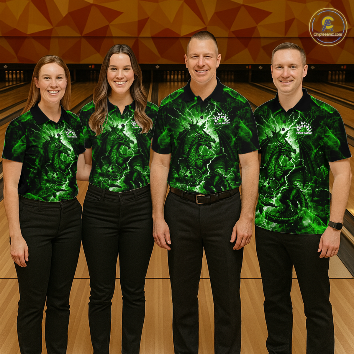 Custom Green Lightning Dragon Bowling Team Shirts Bowling Jerseys Polo & 1/4 Zip