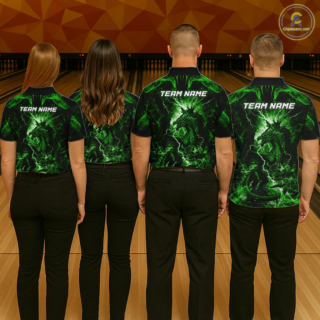 Custom Green Lightning Dragon Bowling Team Shirts Bowling Jerseys Polo & 1/4 Zip