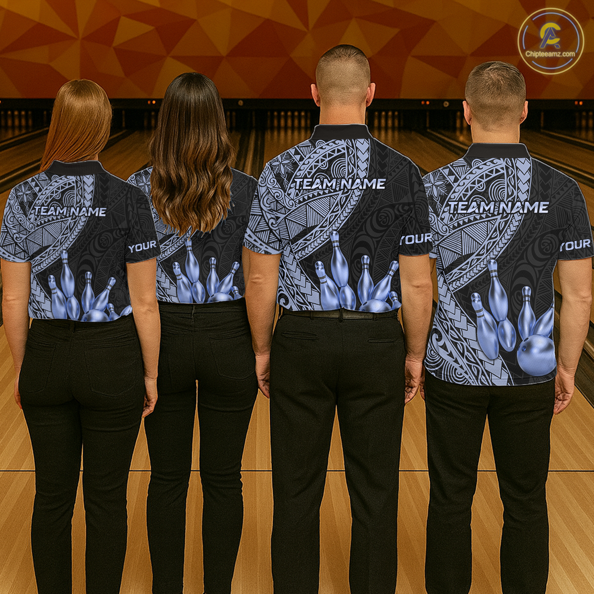 Black and Blue Tribal Pattern Bowling Jersey for Woen Bowling Uniform Bowling Team Shirts