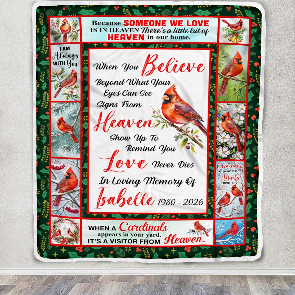 Red Bird Date Memorial Cardinal Appears in Loving Memory Fleece Throw Blanket — view 3