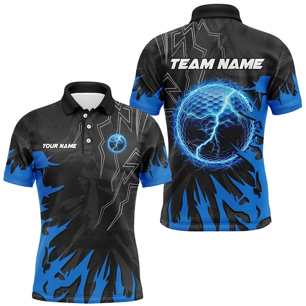 Black And Blue Lightning Thunder Golf Ball Men's Golf Polo Shirts Custom Golf Outfits Men, Golf Polo Shirt, Golf Shirts