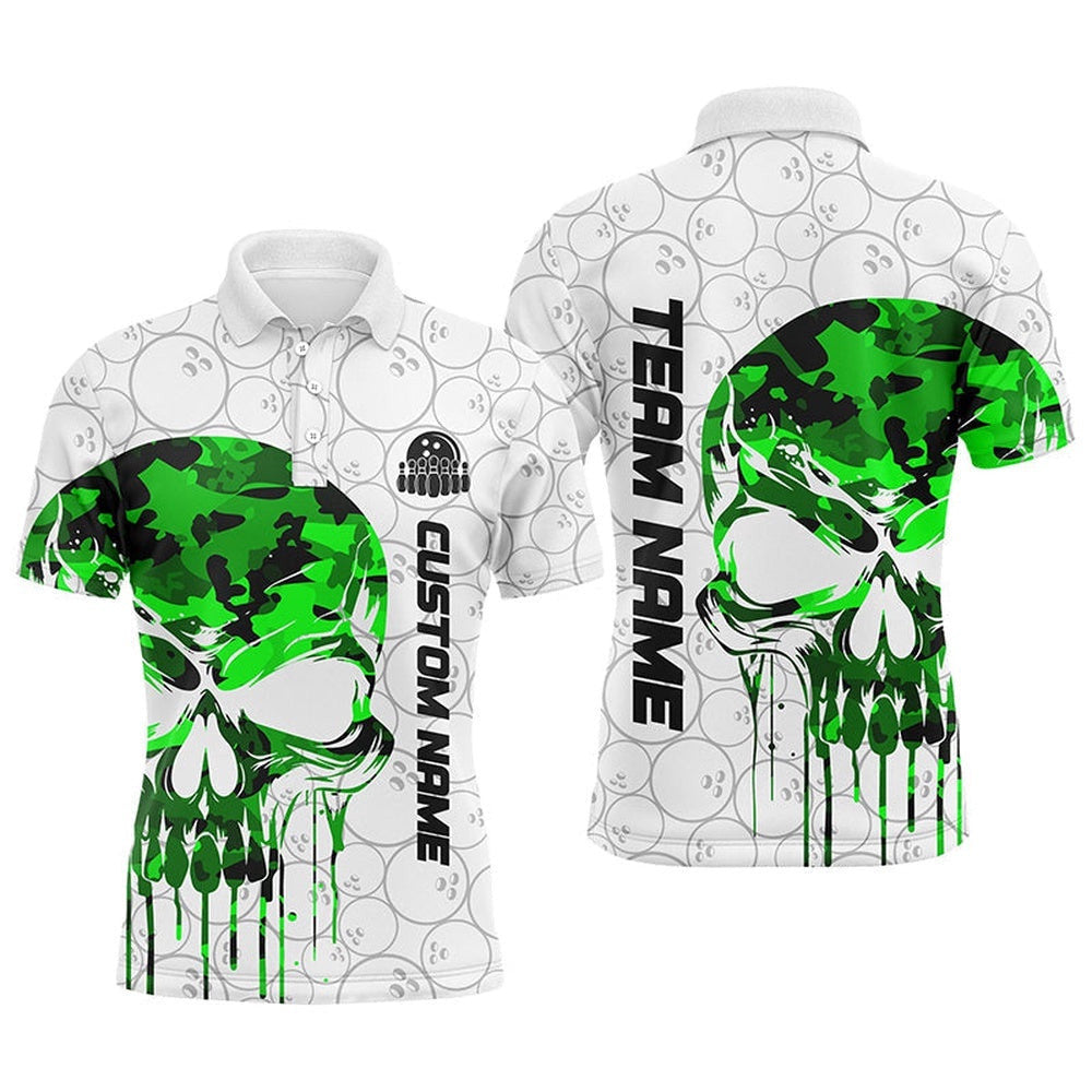 Custom Green Camo Skull Bowling Polo Shirts Men Team Bowling Polo Shirt Bowling League Outfit, Personalized Bowling Team Shirt