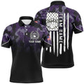 Black Purple Camo Mens Polo Bowling Shirts Custom American Flag Patriotic Bowling Team League Polo Shirt, Personalized Bowling Team Shirt