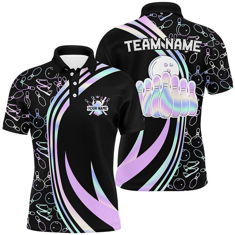 Black Mens Polo Bowling Shirts Custom Neon Camo Team League Bowling Polo Shirt, Gifts For Bowlers, Personalized Bowling Team Shirt