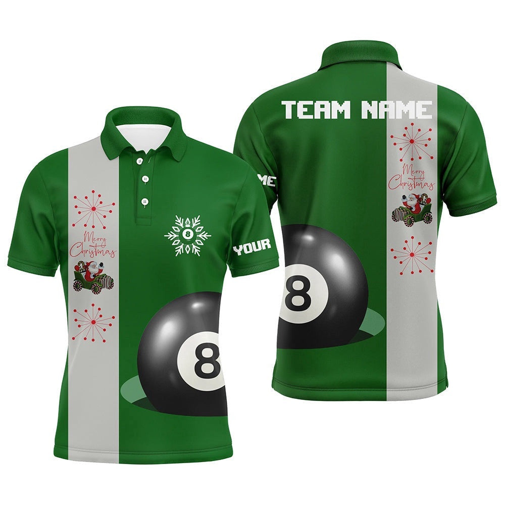 Custom Green Merry Christmas 8 Ball Billiard Polo Shirts Best Christmas Gifts For Player, Personalized Billiard Polo Shirt