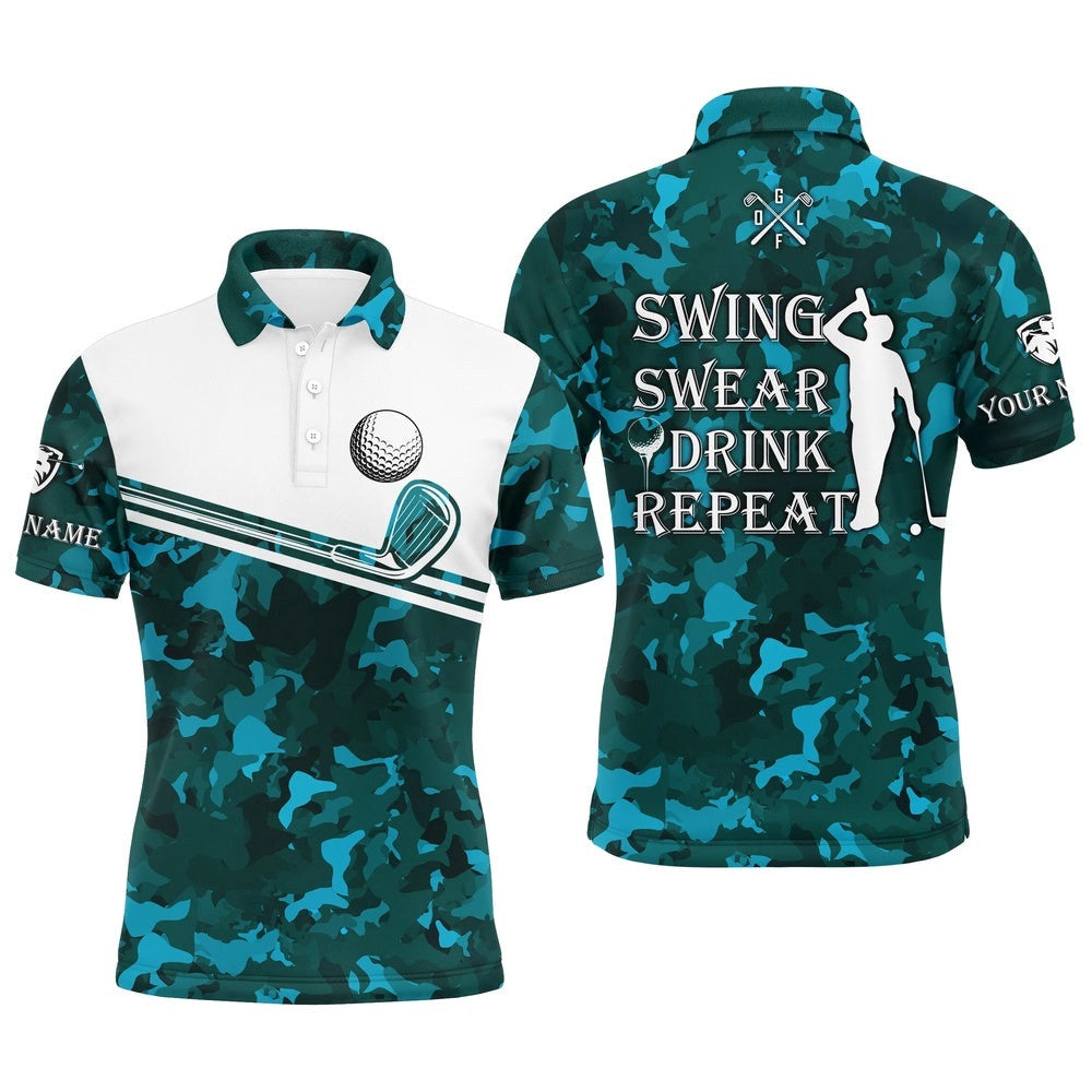Men's Golf Polo Shirt Swing Swear Drink Repeat Custom Name Teal Blue Camo White Men Golf Shirts, Golf Polo Shirt, Golf Shirts