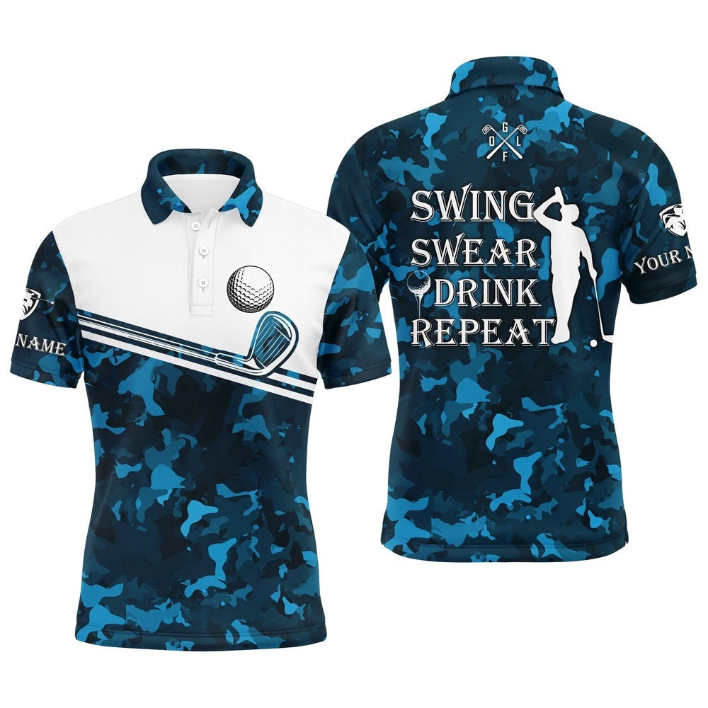 Men's Golf Polo Shirt Swing Swear Drink Repeat Custom Name Cerulean Blue Camo White Men Golf Shirts, Golf Polo Shirt, Golf Shirts