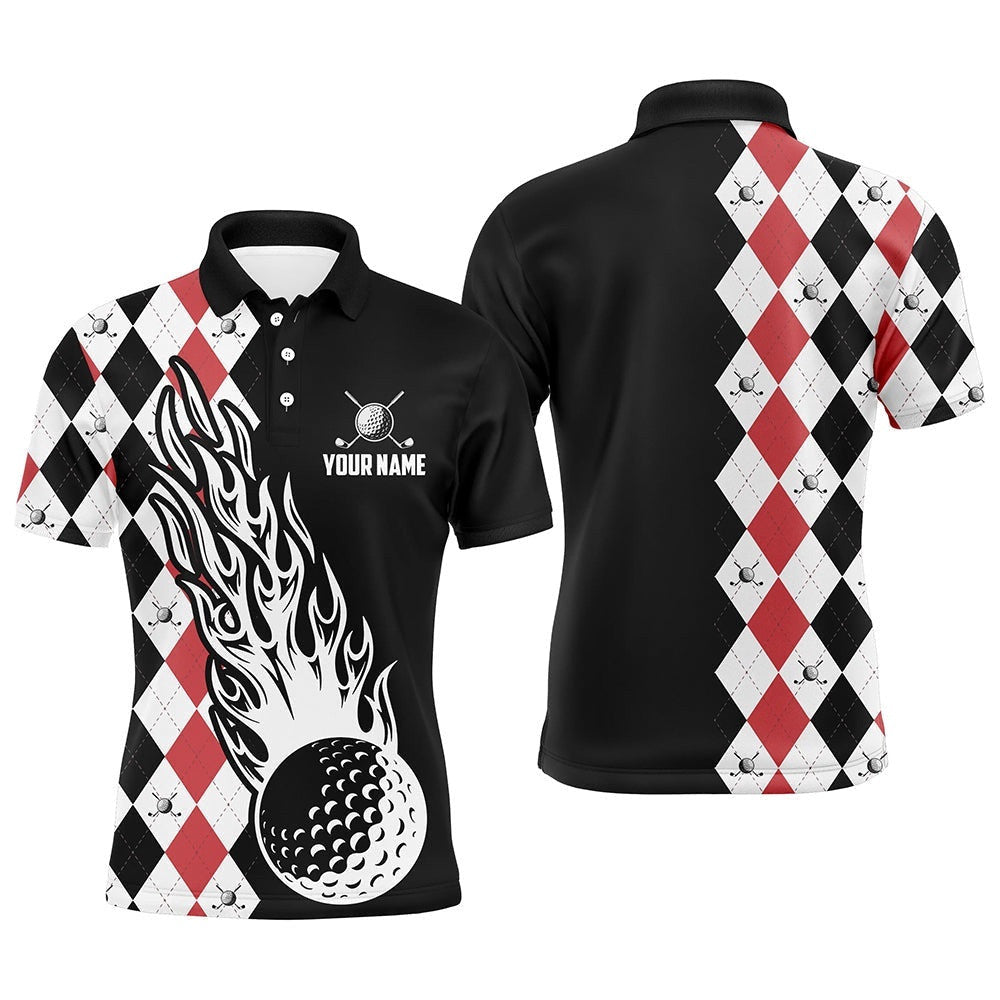 Men's Golf Polo Shirts Custom Black And Red Argyle Pattern Golf Ball Fire Cool Men's Golf Shirt, Golf Polo Shirt, Golf Shirts