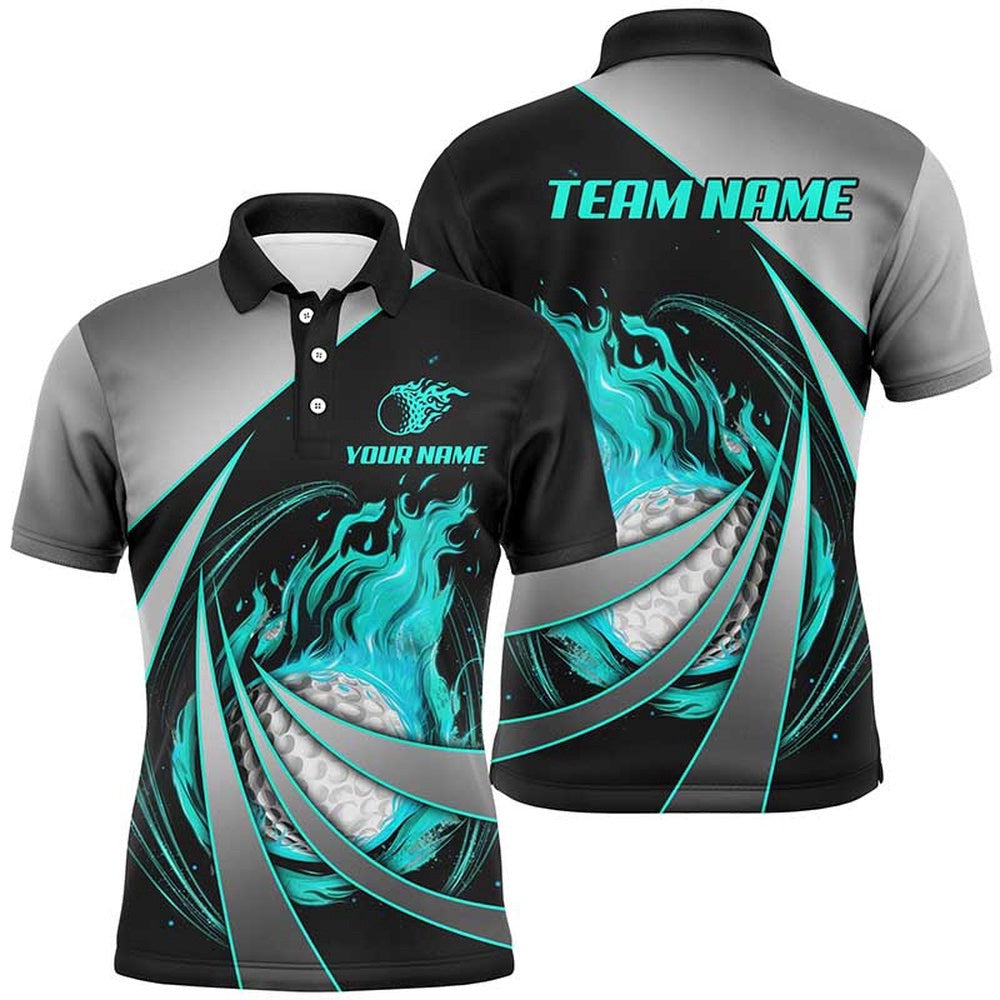 Men's Golf Polos Shirts Custom Flame Golf Ball Shirts For Men Cyan Blue, Golf Polo Shirt, Golf Shirts