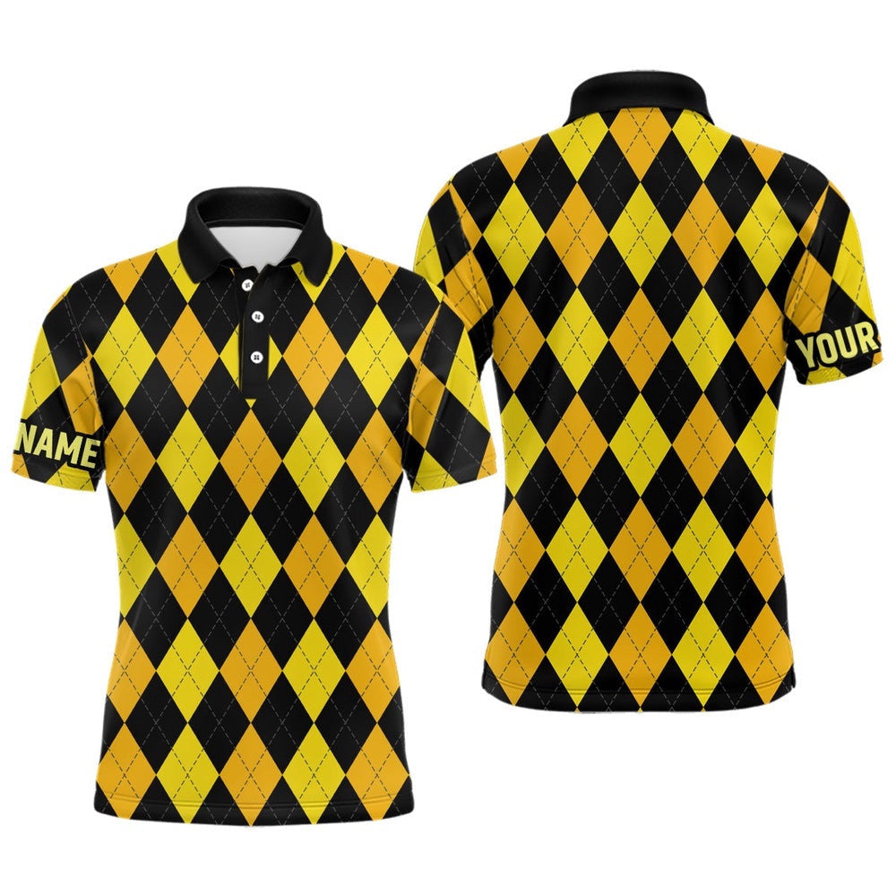 Men's Golf Polo Shirts Custom Yellow And Black Argyle Plaid Pattern Golf Attire For Men, Golf Polo Shirt, Golf Shirts