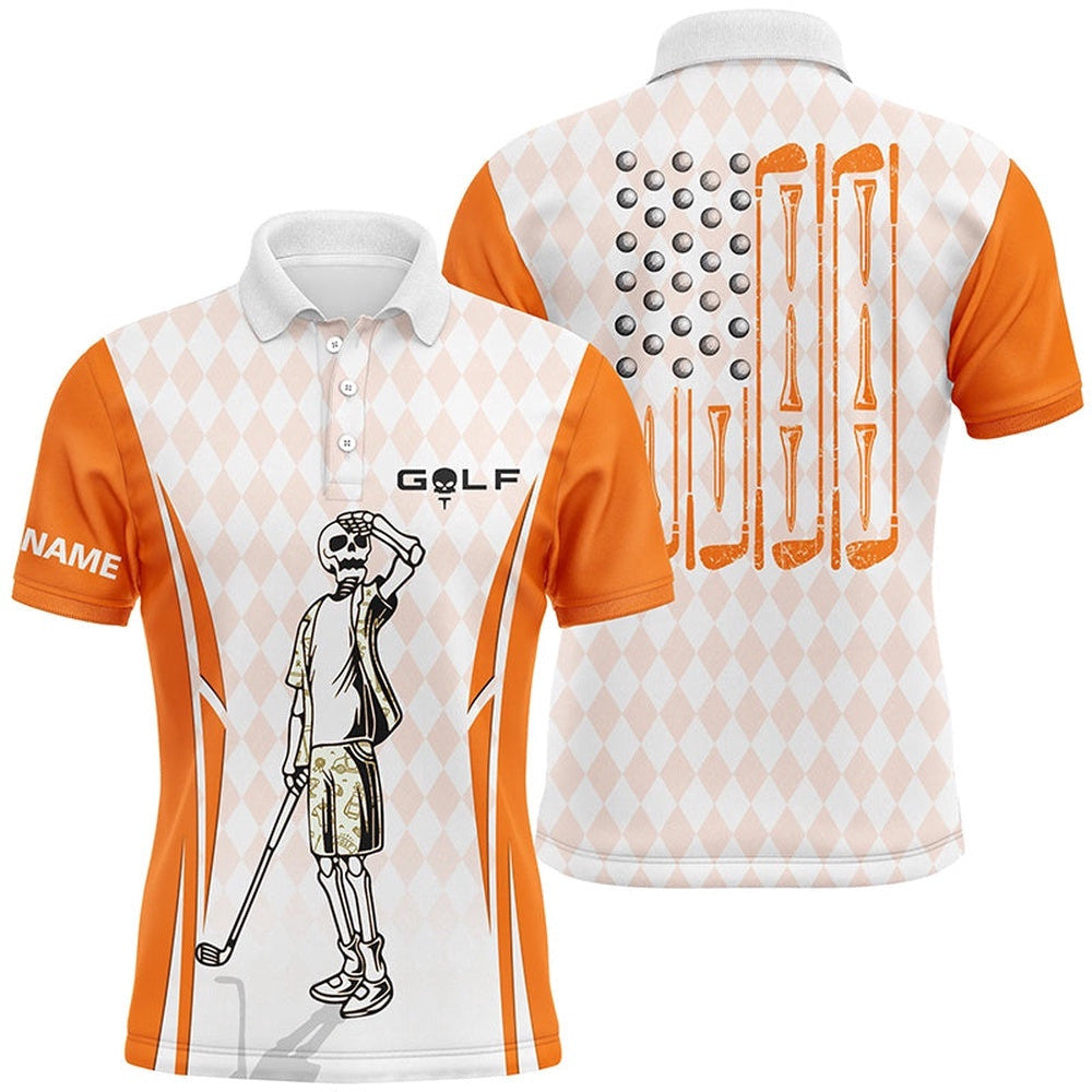 Men's Orange Argyle American Flag Patriotic Golf Polo Shirts Custom Skull Golf Shirts For Men, Golf Polo Shirt, Golf Shirts