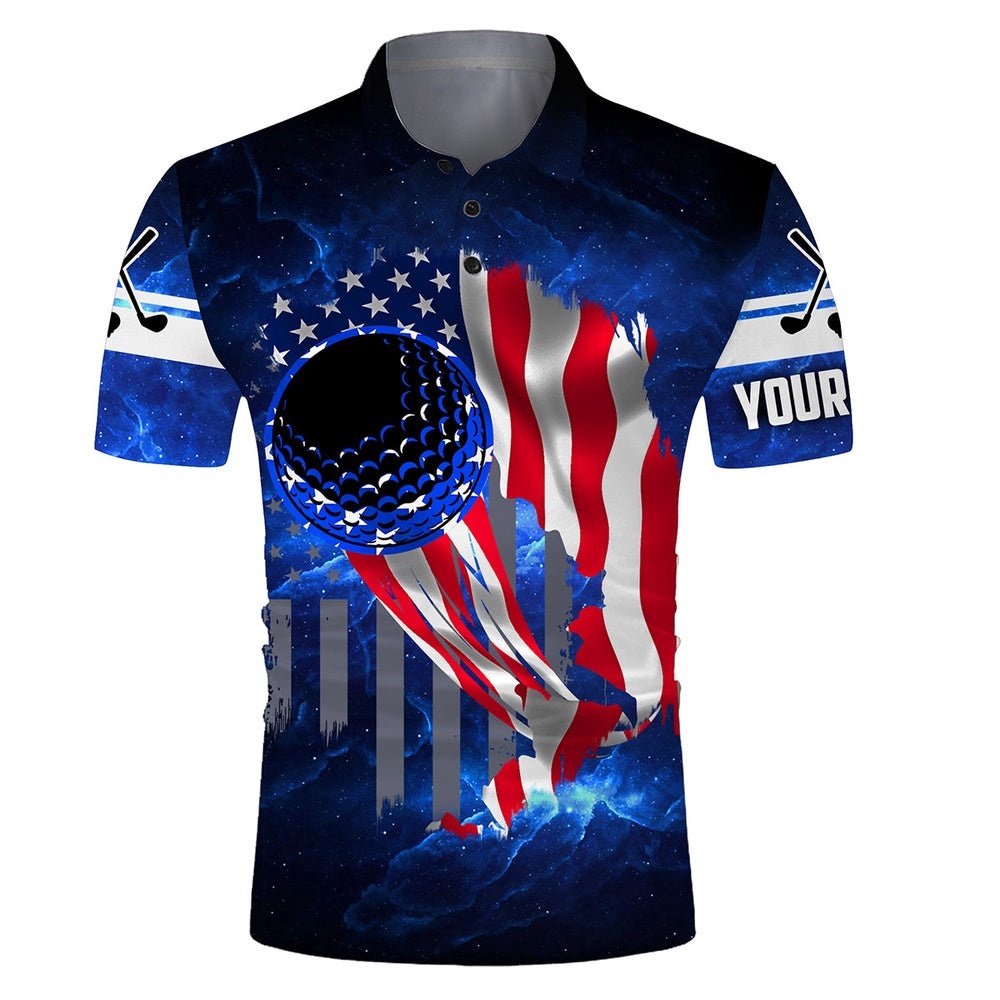 Men's Patriot Golf Polos Golf Ball Blue Galaxy Universe American Flag, Custom Gifts For Golf Lovers, Golf Polo Shirt, Golf Shirts