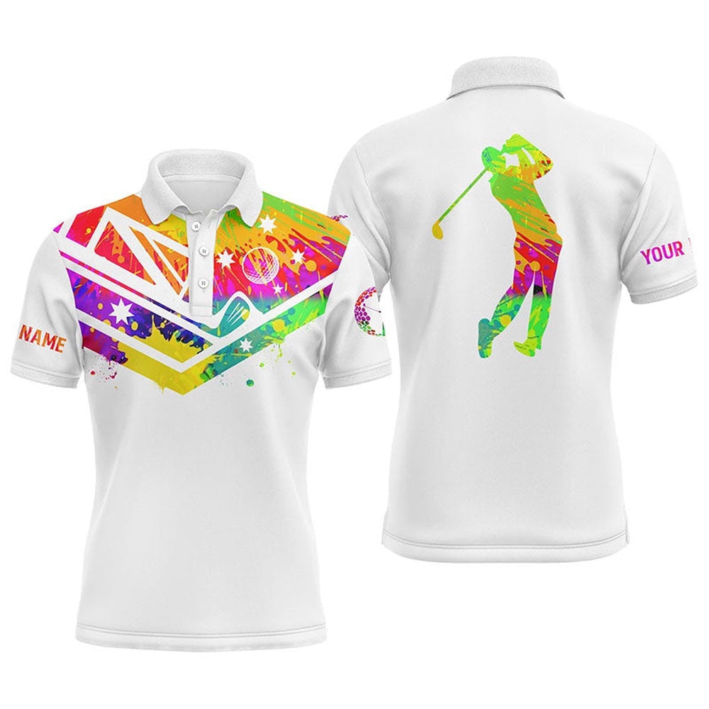 Men's Golf Polo Shirts Watercolor Australia Flag Custom Name White Golf Shirt, Golf Polo Shirt, Golf Shirts