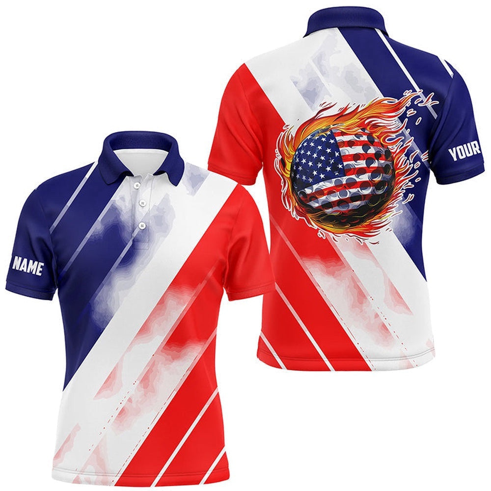 Men's Golf Polos Shirts Custom Red White And Blue American Flag Golf Ball Fire, Patriotic Golf Gifts, Golf Polo Shirt, Golf Shirts