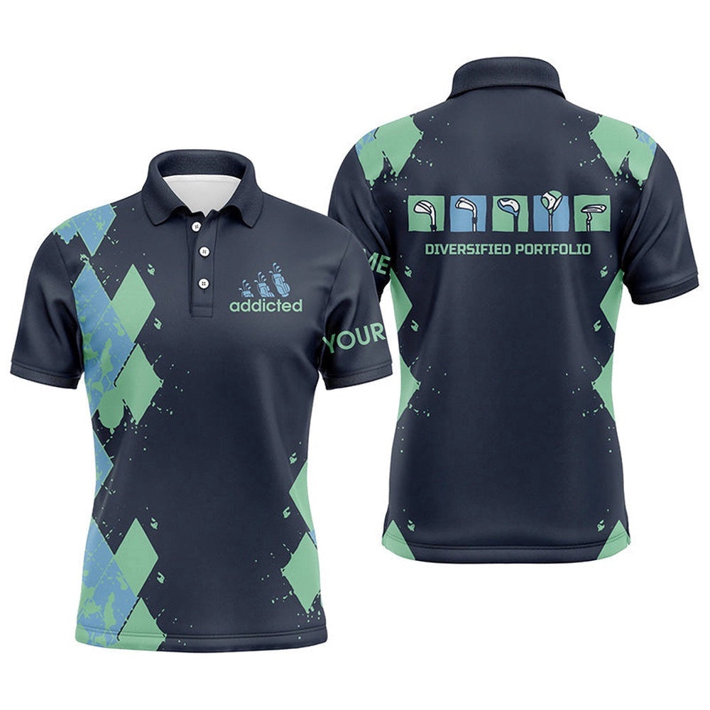 Men's Golf Polos Shirts Custom Blue Argyle Plaid Golf Shirts Men's Diversified Portfolio Golf Clubs, Golf Polo Shirt, Golf Shirts