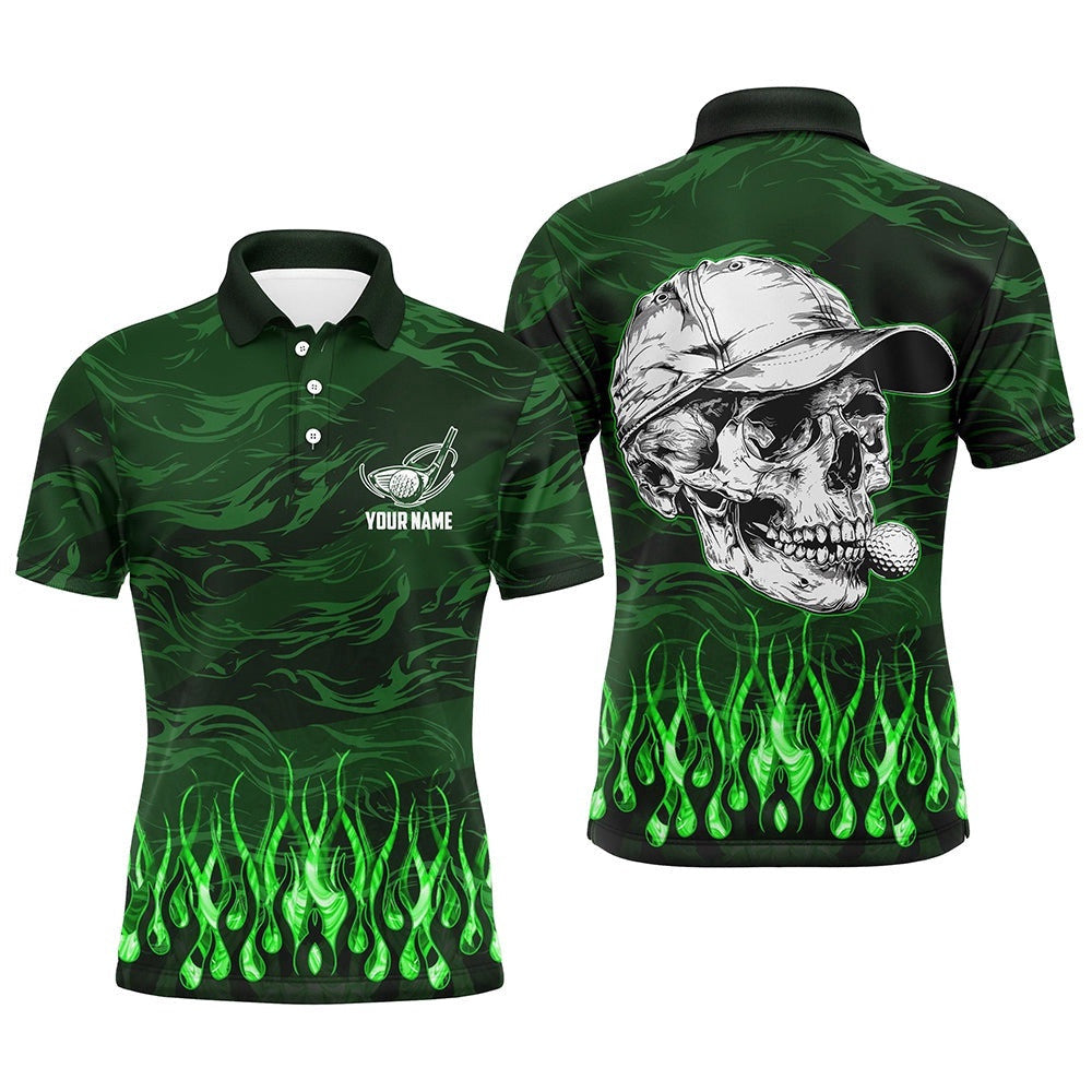 Men's Golf Polo Shirts Custom Green Camo Flame Golf Skull Team Golf Attire For Men's, Golf Polo Shirt, Golf Shirts
