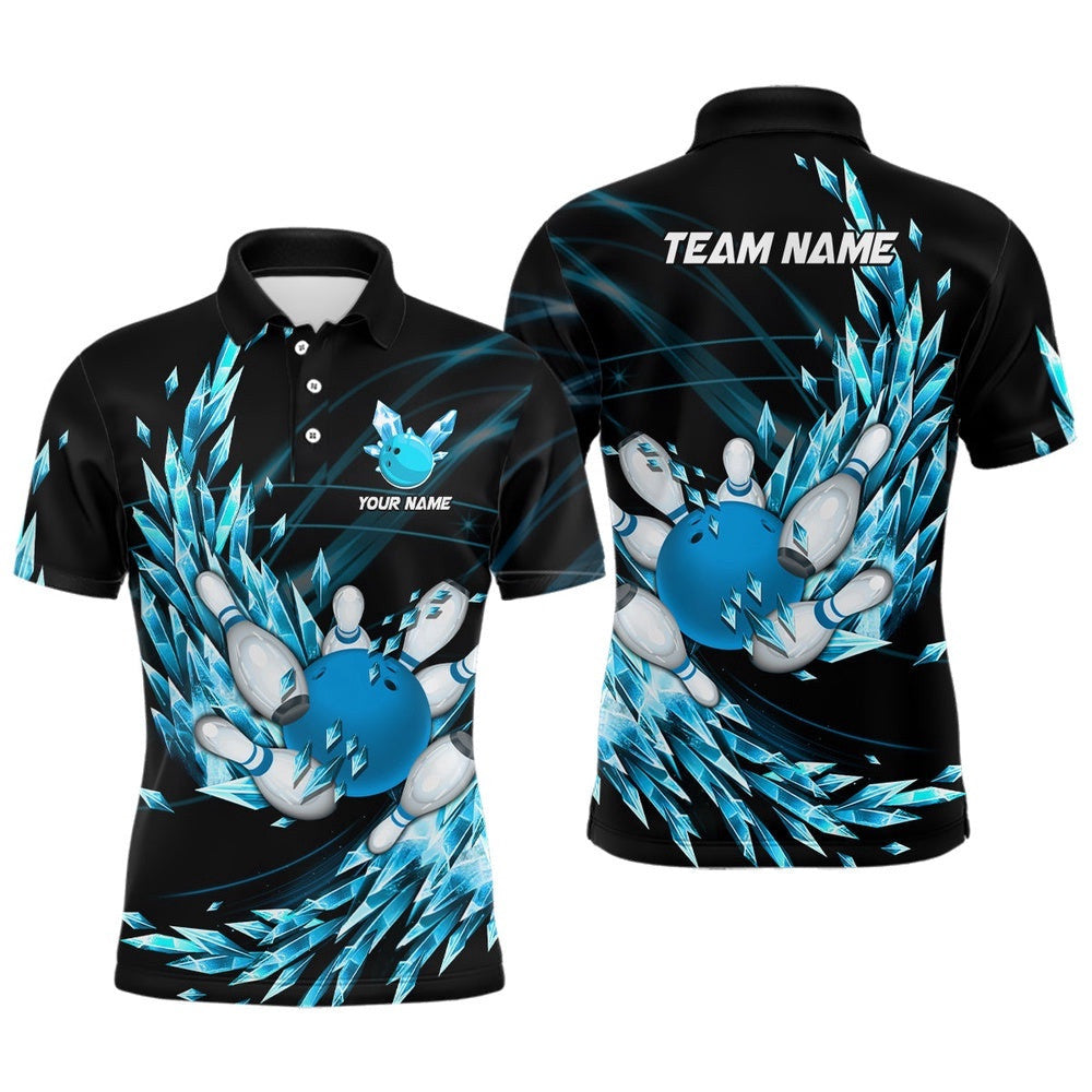 Mens Polo Bowling Shirts Custom Blue Icy Fragments Bowling Ball Pins Team League Bowler Polo Shirt, Personalized Bowling Team Shirt