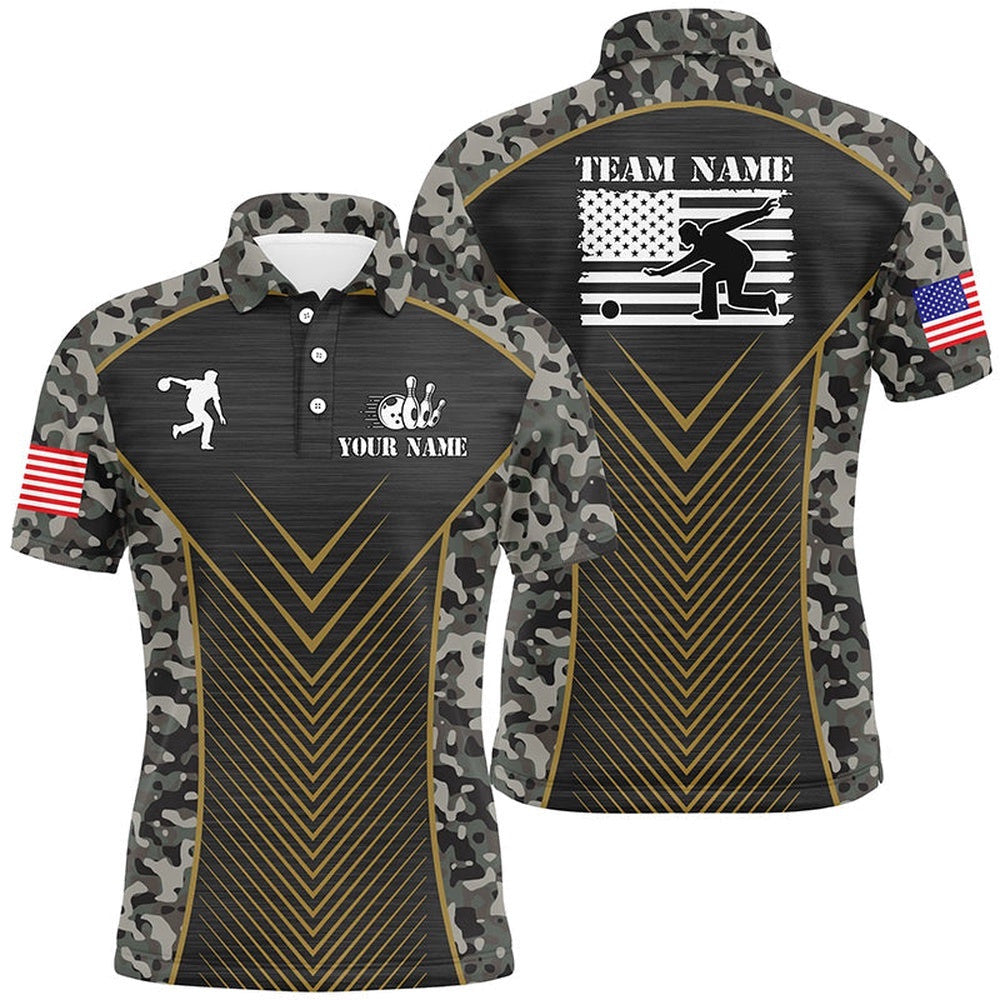 Mens Bowling Polo Shirts Custom Green Camo American Flag Team League Mens Polo Shirt, Personalized Bowling Team Shirt