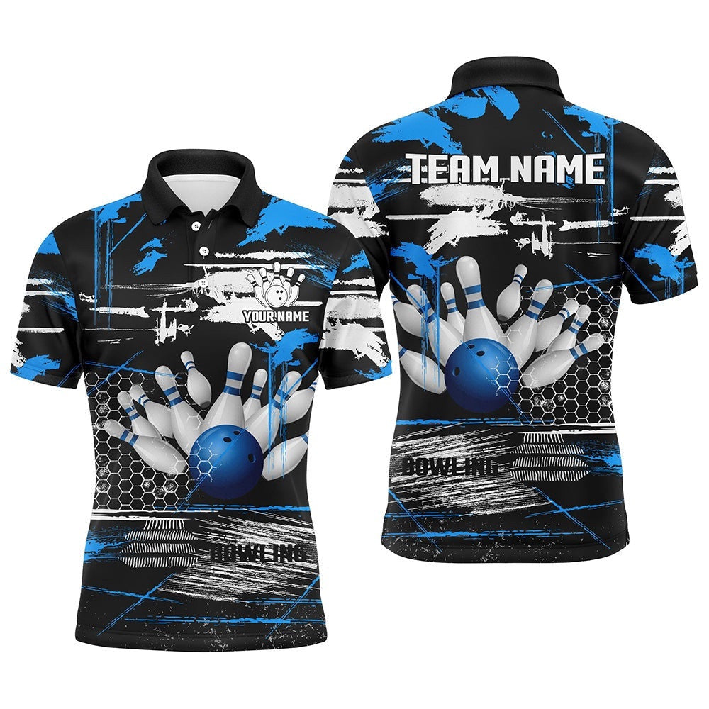 Mens Bowling Polo Shirts Custom Black And Blue Retro Bowling Team League Polo Shirt, Gifts For Bowlers, Personalized Bowling Team Shirt