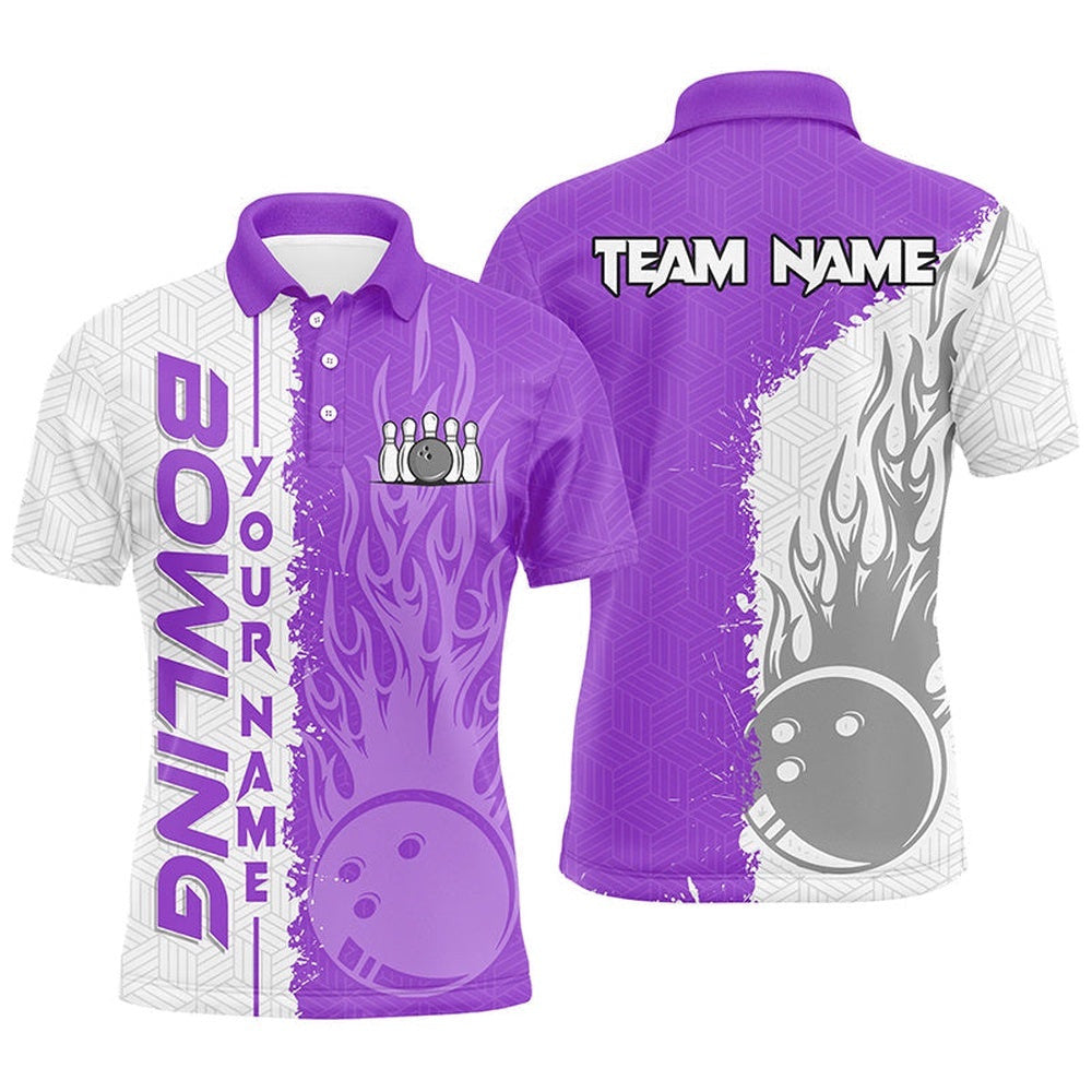 Mens Bowling Polo Shirts Custom White & Purple Flame Bowling Ball And Pins Bowling Team League Polo Shirt, Personalized Bowling Team Shirt
