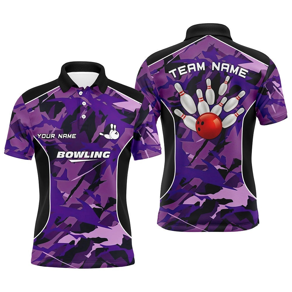 Mens Polo Bowling Shirts Custom Bowling Ball And Pins Purple Camo Bowling Team Polo Shirt For Men, Personalized Bowling Team Shirt