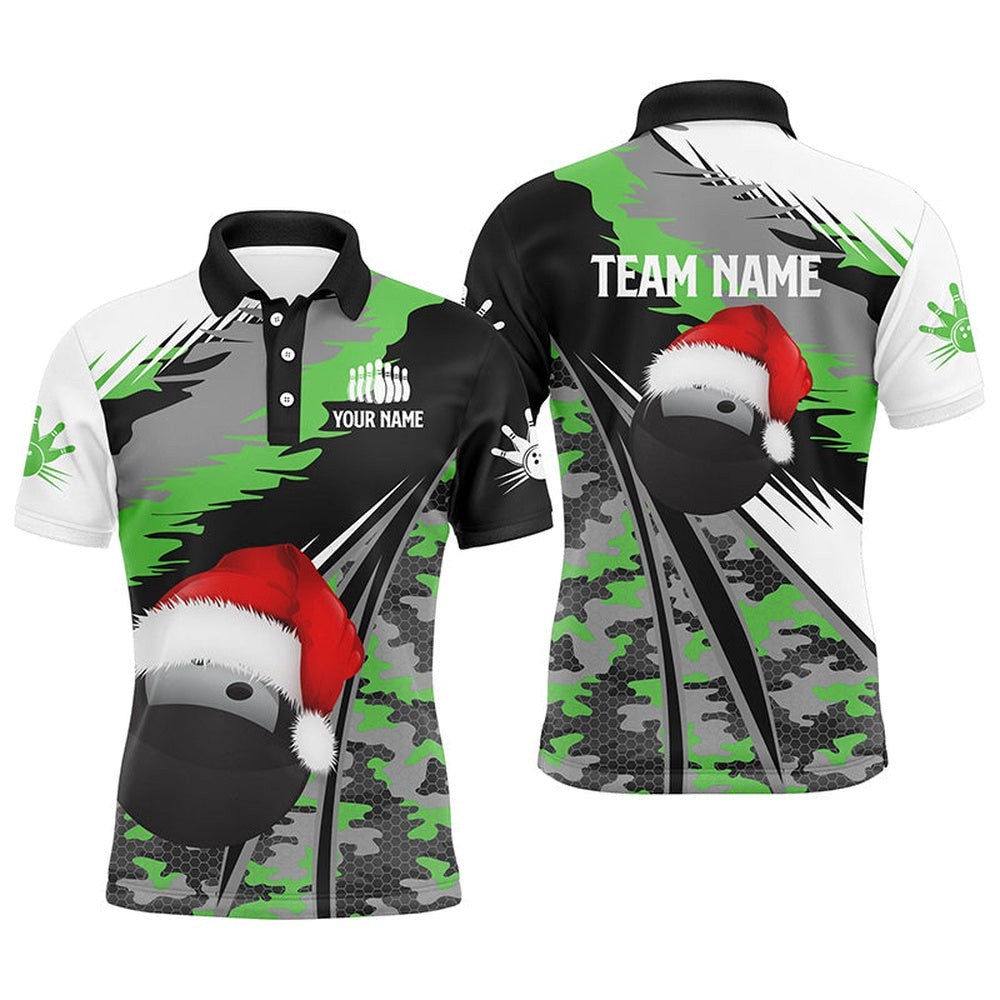 Mens Polo Bowling Shirts Custom Christmas Bowling Ball Green Camo Bowling Team League Polo Shirt, Personalized Bowling Team Shirt