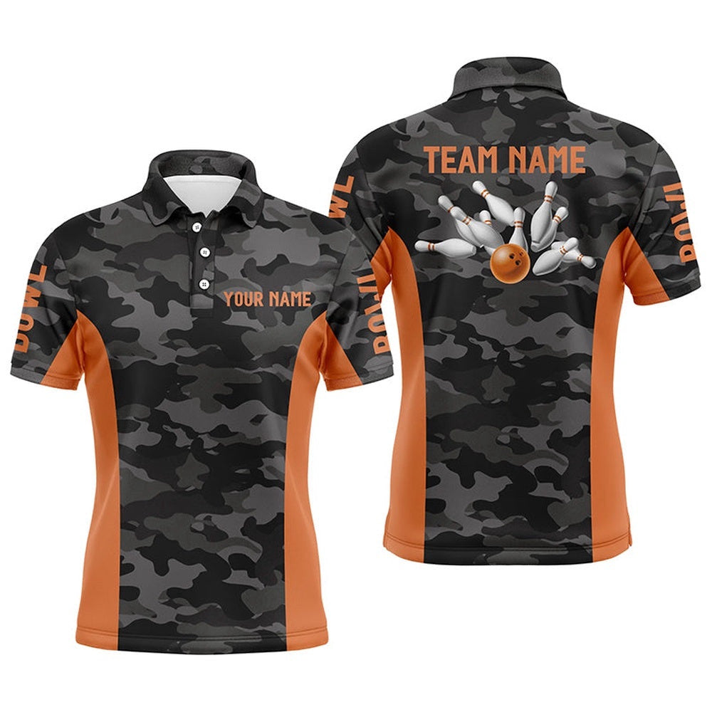 Mens Bowling Polo Shirts Custom Gray Camo Bowling Team Polo Shirt, Bowling Team League Shirt Orange, Personalized Bowling Team Shirt