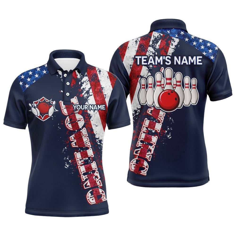 Patriotic Men's Polo Bowling Shirt, Custom Name Men Bowlers Polo Shirt Short Sleeve American Flag, Personalized Bowling Team Shirt