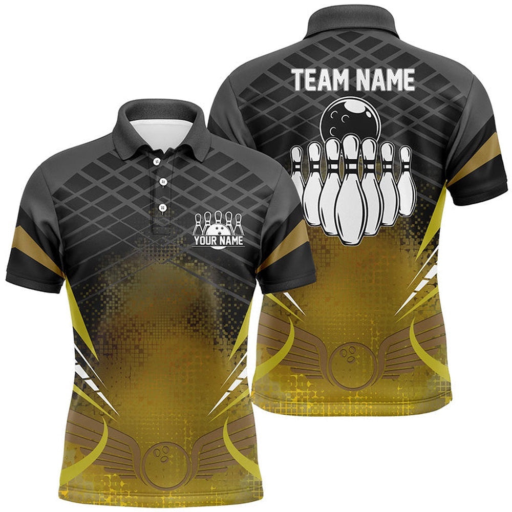 Mens Polo Bowling Shirt Custom Black Gold Bowling Ball Pins Team League Polo Shirt, Bowling Gift, Personalized Bowling Team Shirt