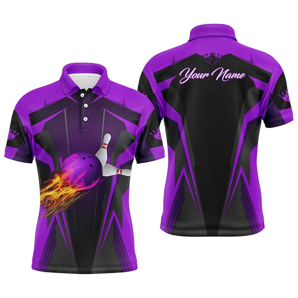 Mens Polo Shirt Flame Bowling Ball Pins, Bowling Polo Shirt For Bowlers Purple, Personalized Bowling Team Shirt