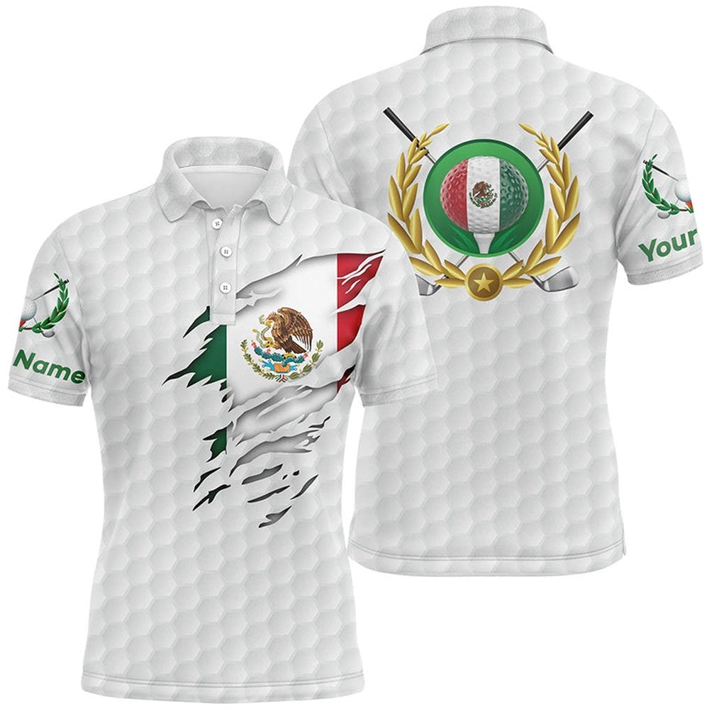 Mexican Flag White Golf Pattern Men's Polo Shirt Patriotic Golf Shirt For Men Mexico Golf Gifts, Golf Polo Shirt, Golf Shirts