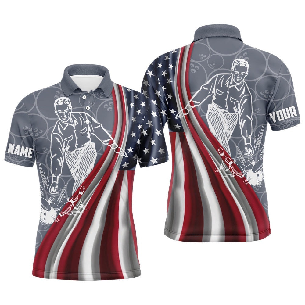 Patriotic Men's Polo Bowling Shirt, American Flag Custom Name Bowlers Polo Shirt Short Sleeve, Personalized Bowling Team Shirt
